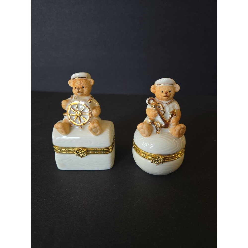 Vintage Formalities by Baum Bros Teddy Bear Sailor Trinket Box Lot of 2 Ceramic